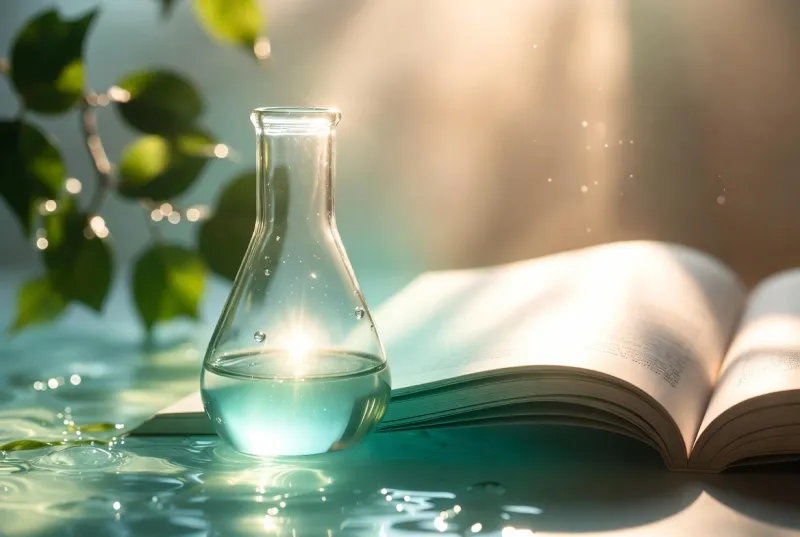 Flacon de laboratoire et livre ouvert pour un magazine conseil santé