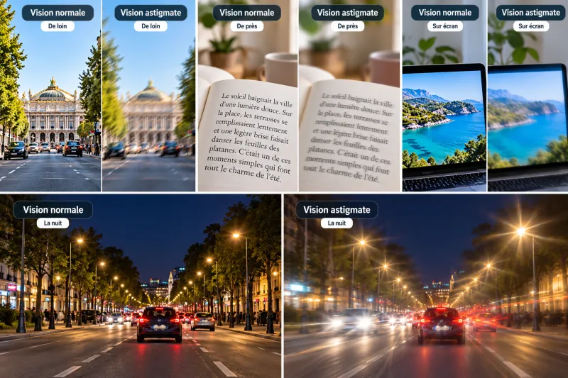 Comparaison illustrative entre une vision normale et une vision astigmate de loin, de près, sur écran et la nuit